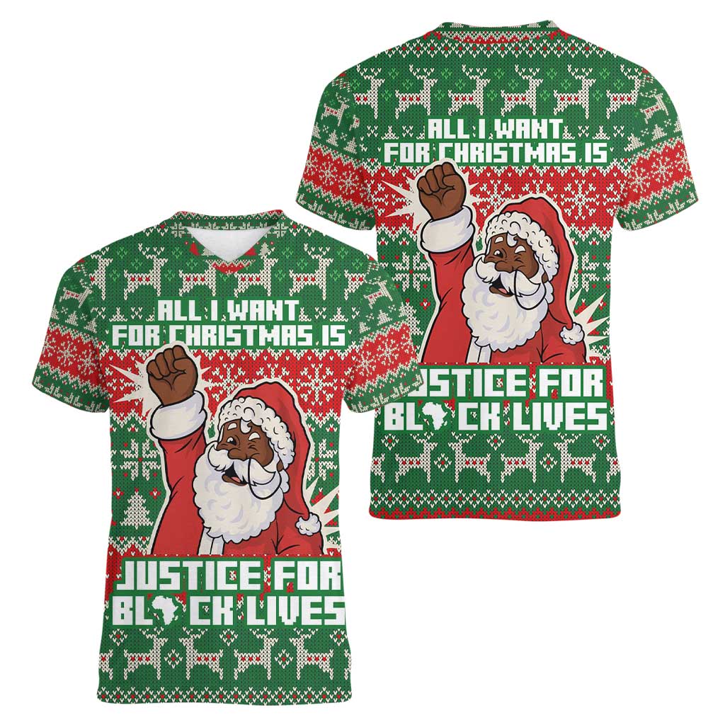 Justice For Black Lives Christmas Women V-Neck T-Shirt Funny Xmas Holiday Patterns - Wonder Print Shop