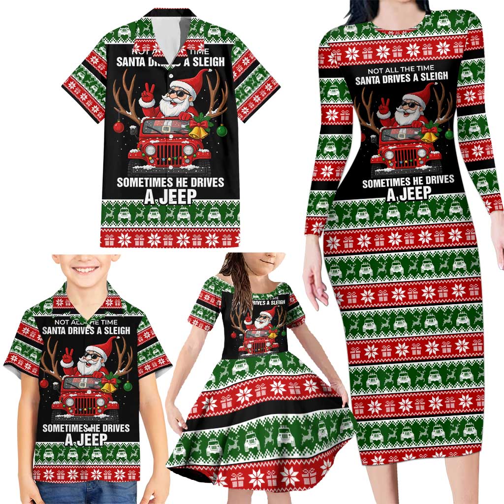Santa Claus Drive A JEEP Family Matching Long Sleeve Bodycon Dress and Hawaiian Shirt Funny Xmas Holiday Patterns - Wonder Print Shop