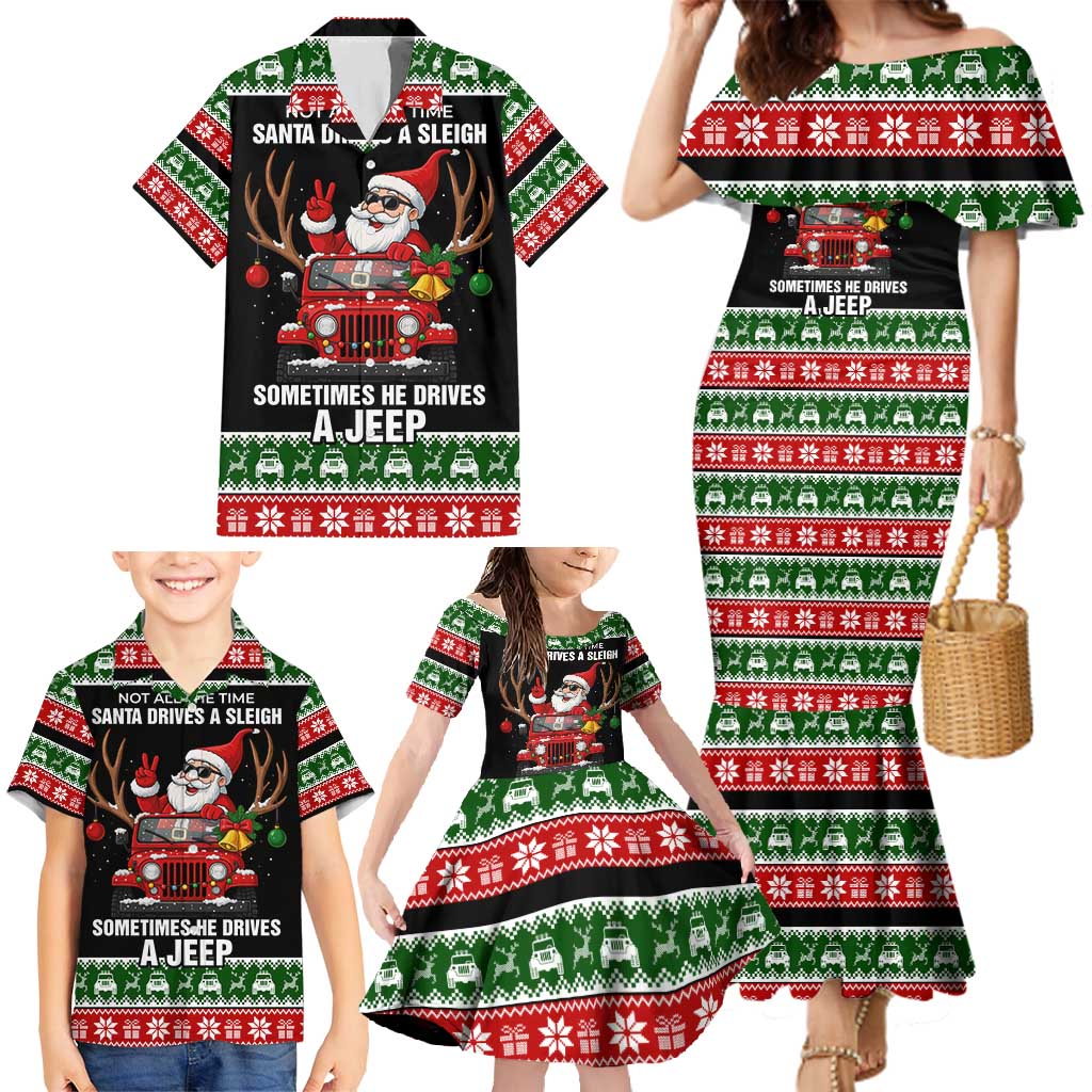 Santa Claus Drive A JEEP Family Matching Mermaid Dress and Hawaiian Shirt Funny Xmas Holiday Patterns - Wonder Print Shop