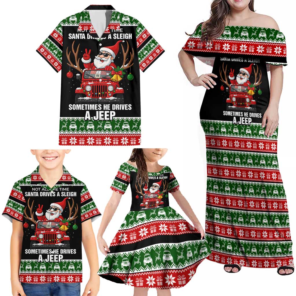 Santa Claus Drive A JEEP Family Matching Off Shoulder Maxi Dress and Hawaiian Shirt Funny Xmas Holiday Patterns - Wonder Print Shop