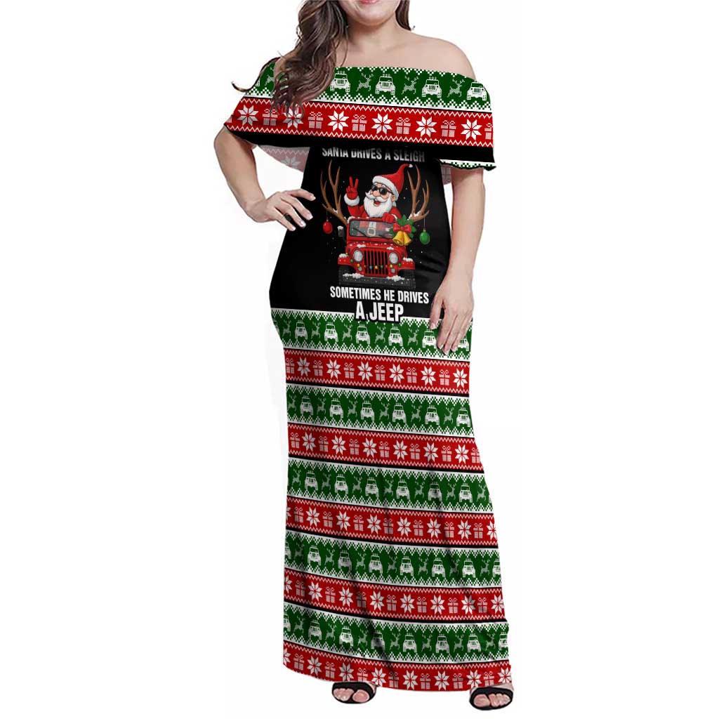 Santa Claus Drive A JEEP Family Matching Off Shoulder Maxi Dress and Hawaiian Shirt Funny Xmas Holiday Patterns - Wonder Print Shop