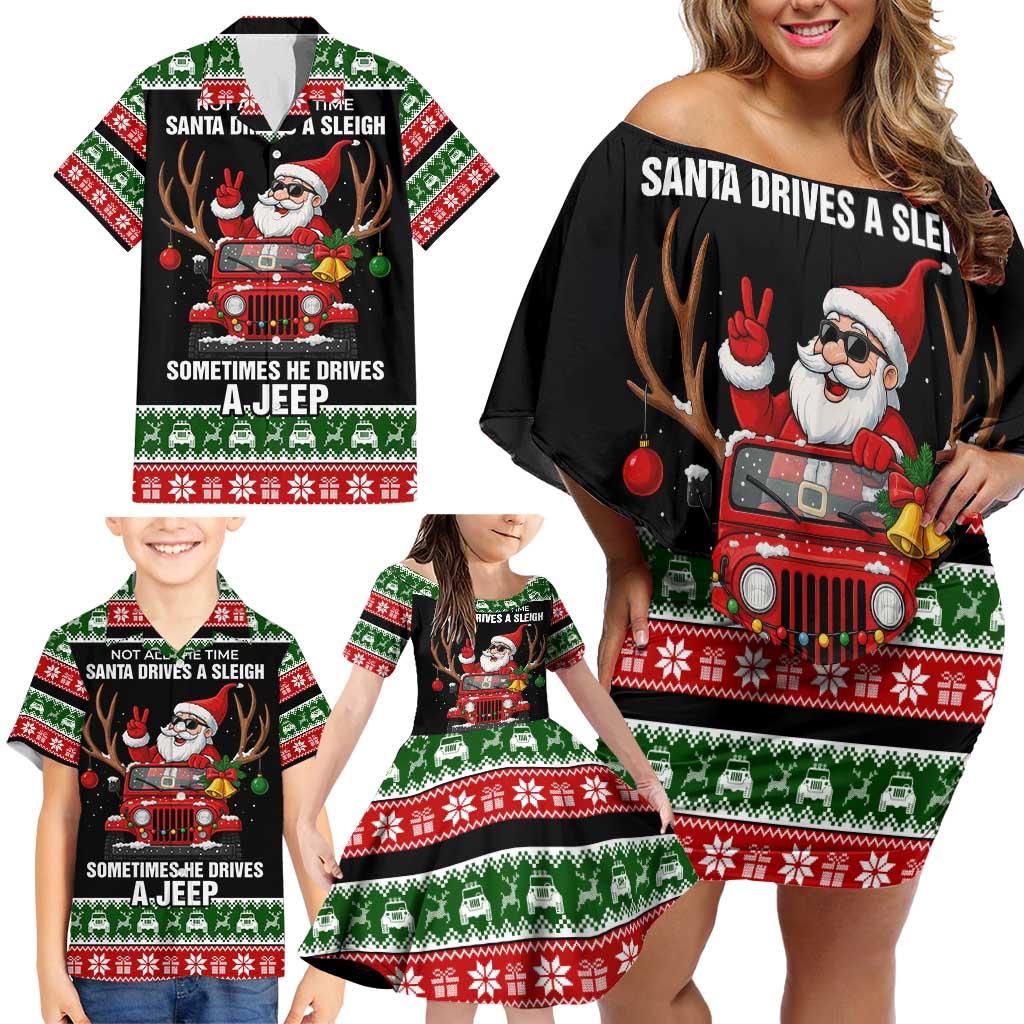 Santa Claus Drive A JEEP Family Matching Off Shoulder Short Dress and Hawaiian Shirt Funny Xmas Holiday Patterns - Wonder Print Shop