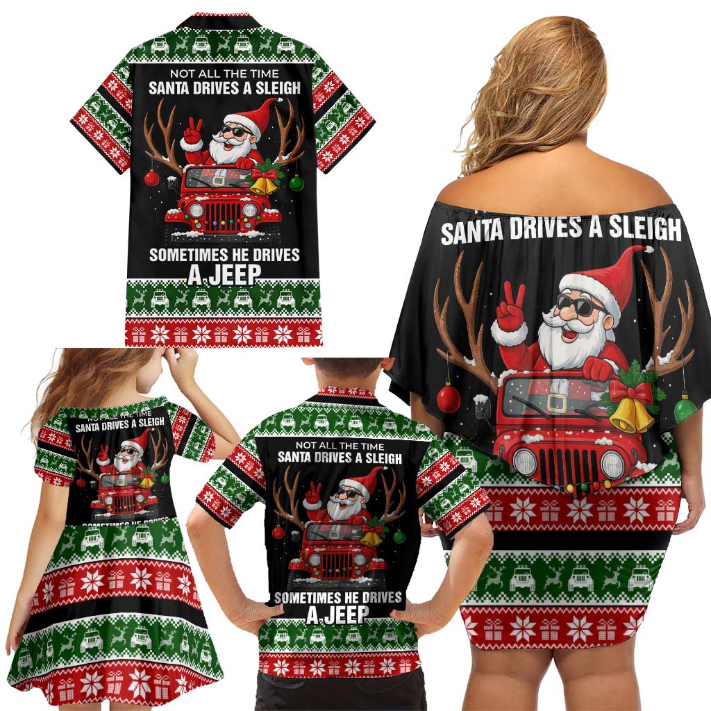 Santa Claus Drive A JEEP Family Matching Off Shoulder Short Dress and Hawaiian Shirt Funny Xmas Holiday Patterns - Wonder Print Shop