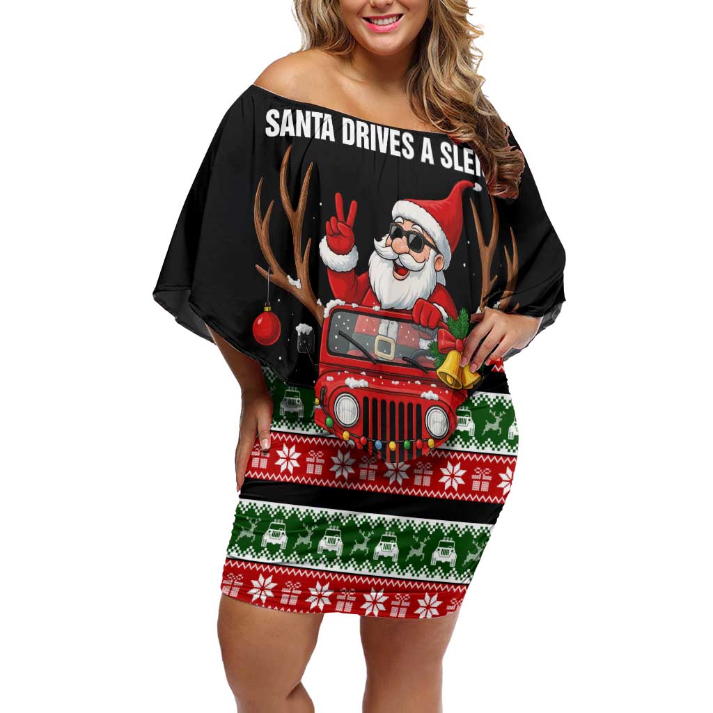 Santa Claus Drive A JEEP Family Matching Off Shoulder Short Dress and Hawaiian Shirt Funny Xmas Holiday Patterns - Wonder Print Shop
