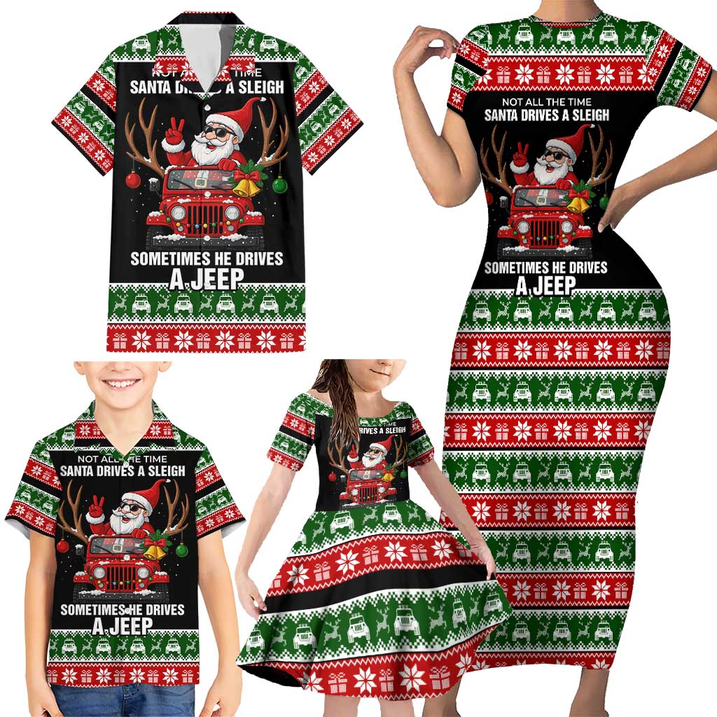 Santa Claus Drive A JEEP Family Matching Short Sleeve Bodycon Dress and Hawaiian Shirt Funny Xmas Holiday Patterns - Wonder Print Shop