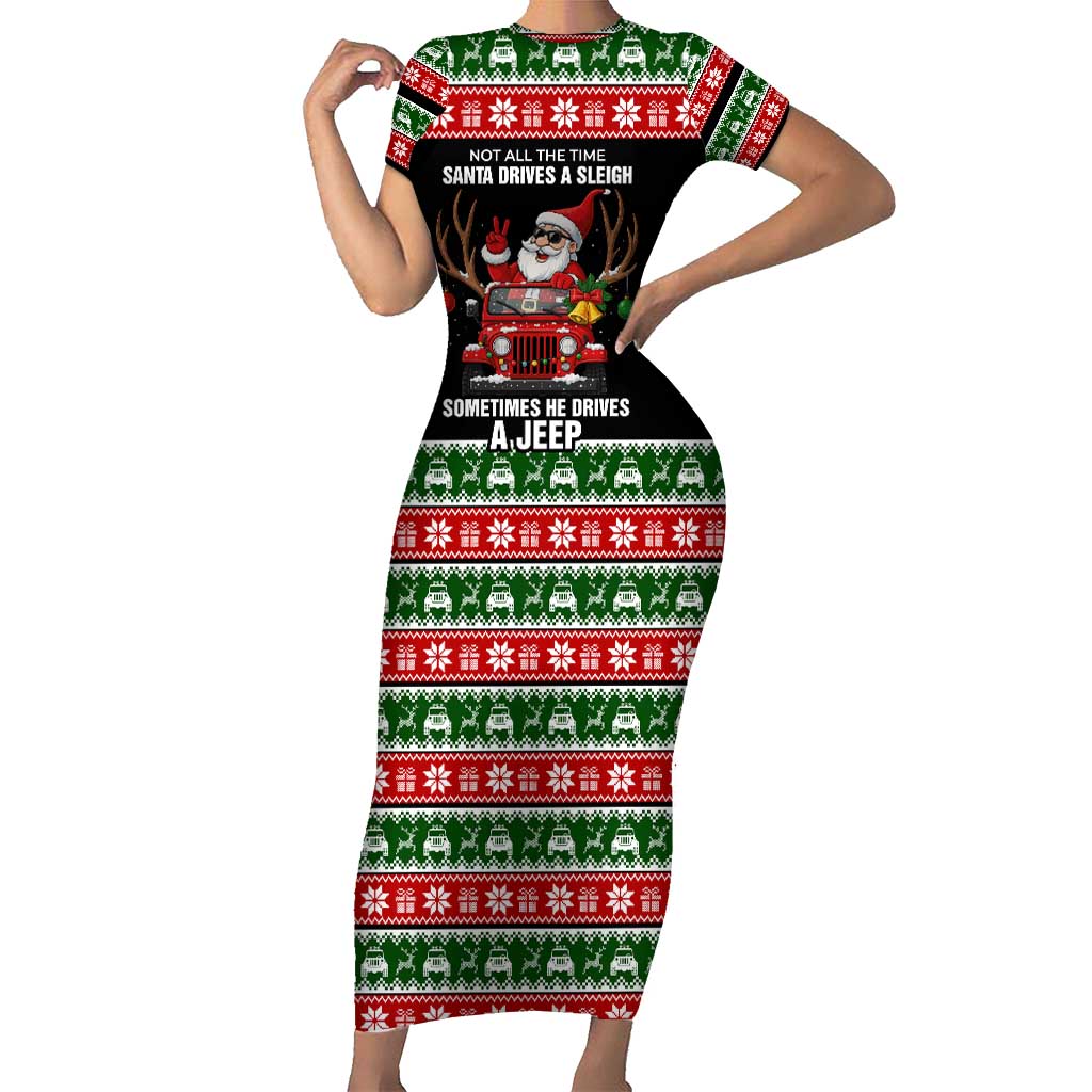 Santa Claus Drive A JEEP Family Matching Short Sleeve Bodycon Dress and Hawaiian Shirt Funny Xmas Holiday Patterns - Wonder Print Shop