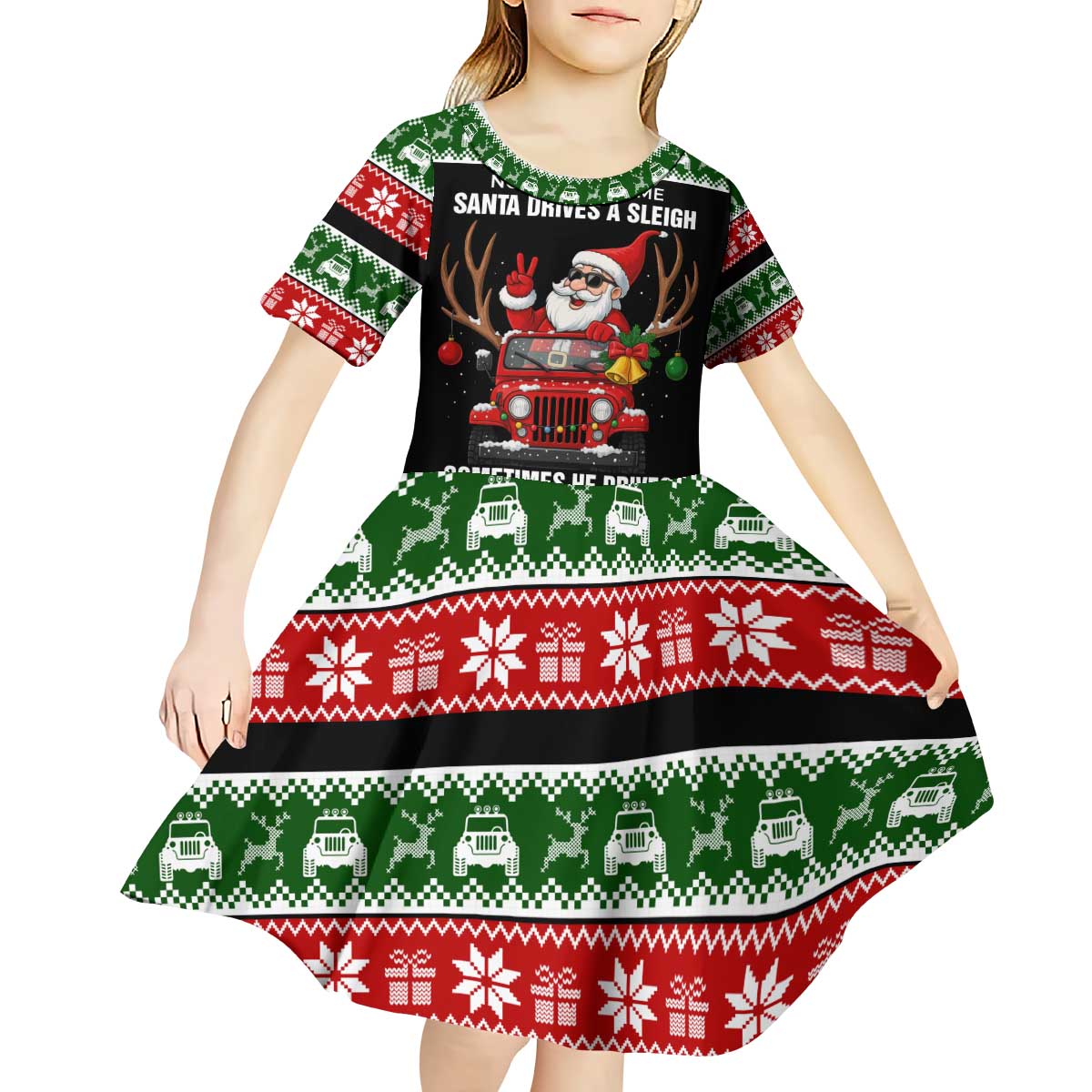 Santa Claus Drive A JEEP Kid Short Sleeve Dress Funny Xmas Holiday Patterns - Wonder Print Shop