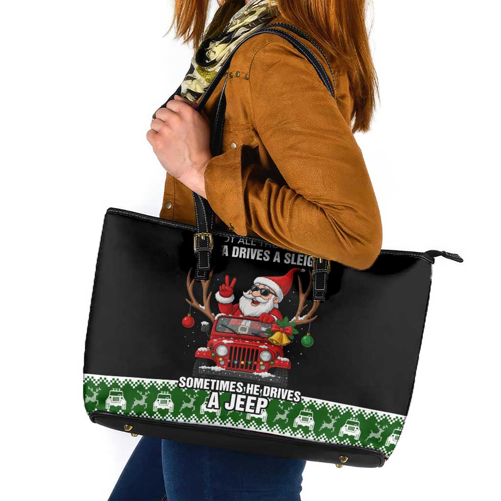 Santa Claus Drive A JEEP Leather Tote Bag Funny Xmas Holiday Patterns - Wonder Print Shop