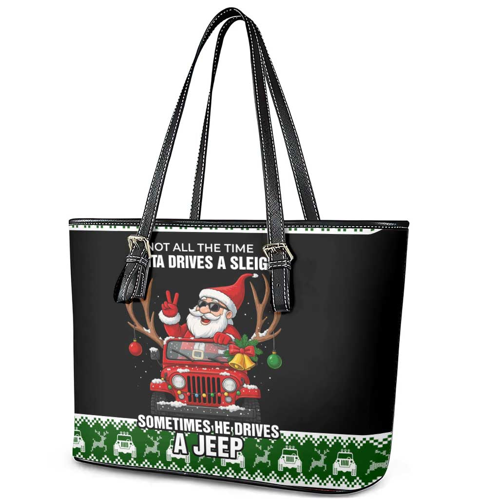 Santa Claus Drive A JEEP Leather Tote Bag Funny Xmas Holiday Patterns - Wonder Print Shop