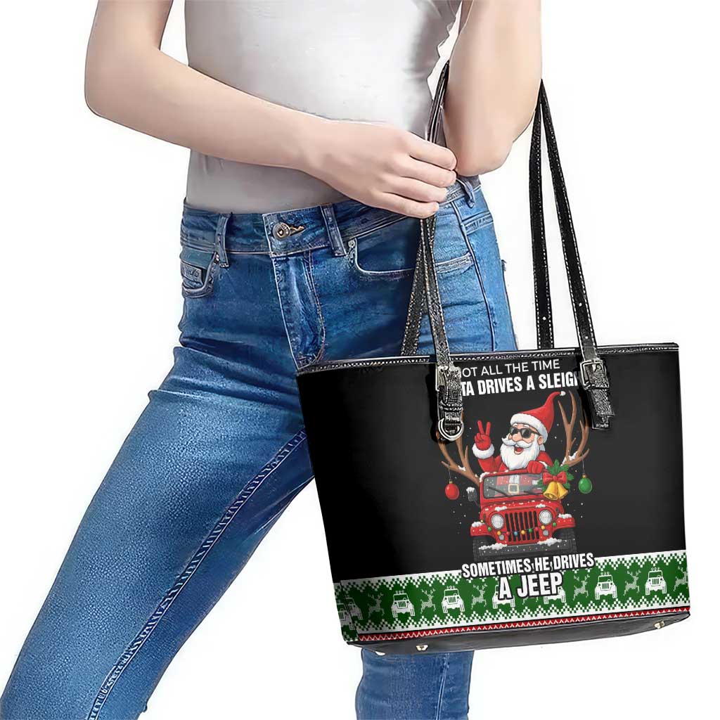 Santa Claus Drive A JEEP Leather Tote Bag Funny Xmas Holiday Patterns - Wonder Print Shop
