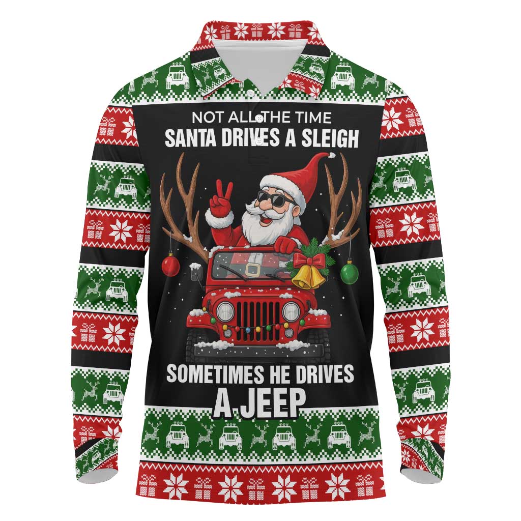 Santa Claus Drive A JEEP Long Sleeve Polo Shirt Funny Xmas Holiday Patterns - Wonder Print Shop