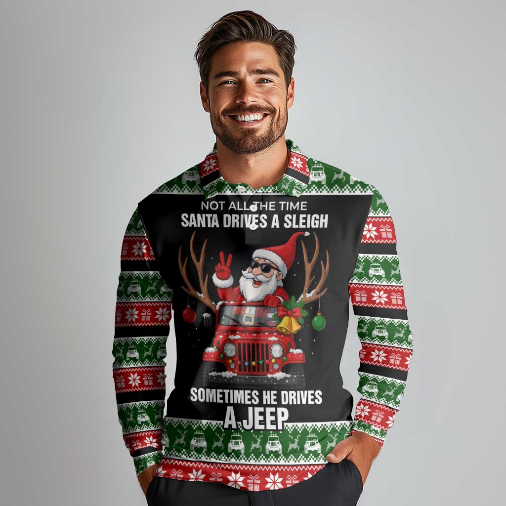 Santa Claus Drive A JEEP Long Sleeve Polo Shirt Funny Xmas Holiday Patterns - Wonder Print Shop
