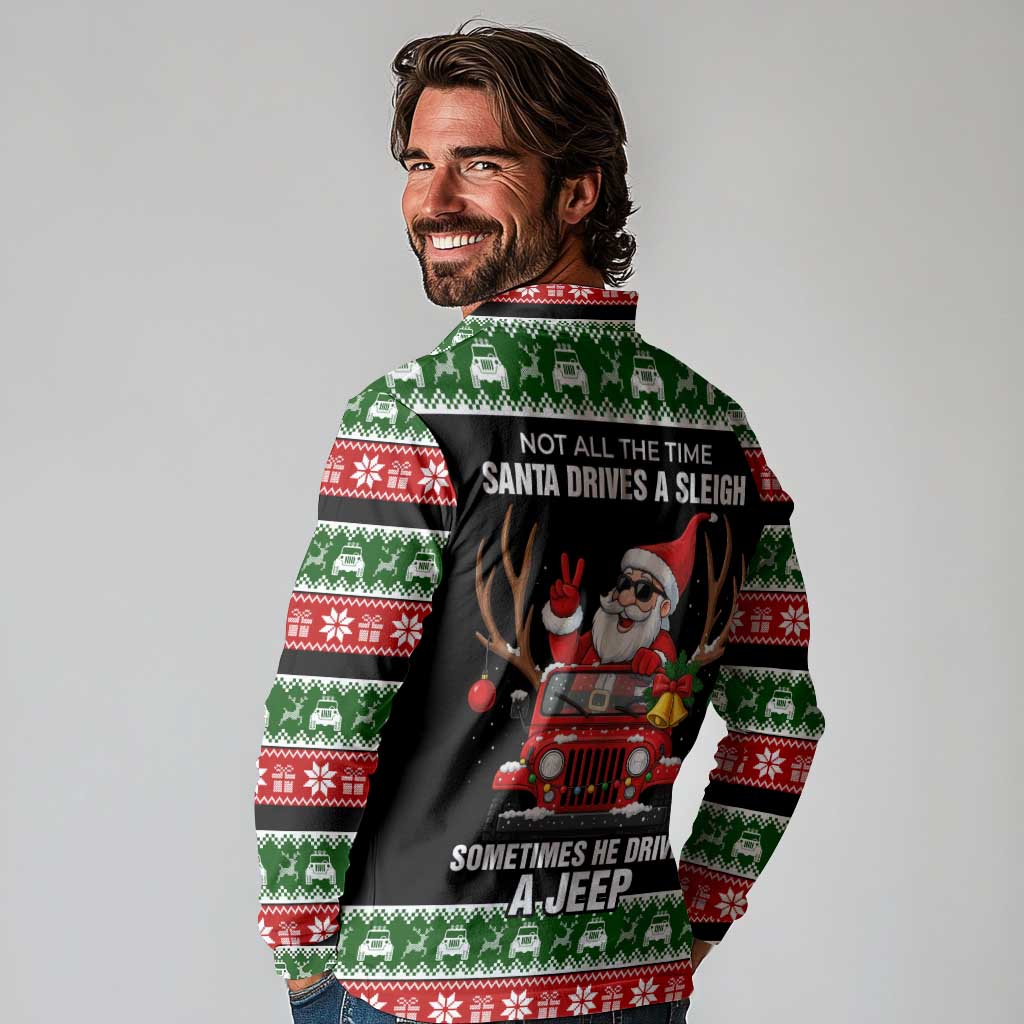 Santa Claus Drive A JEEP Long Sleeve Polo Shirt Funny Xmas Holiday Patterns - Wonder Print Shop