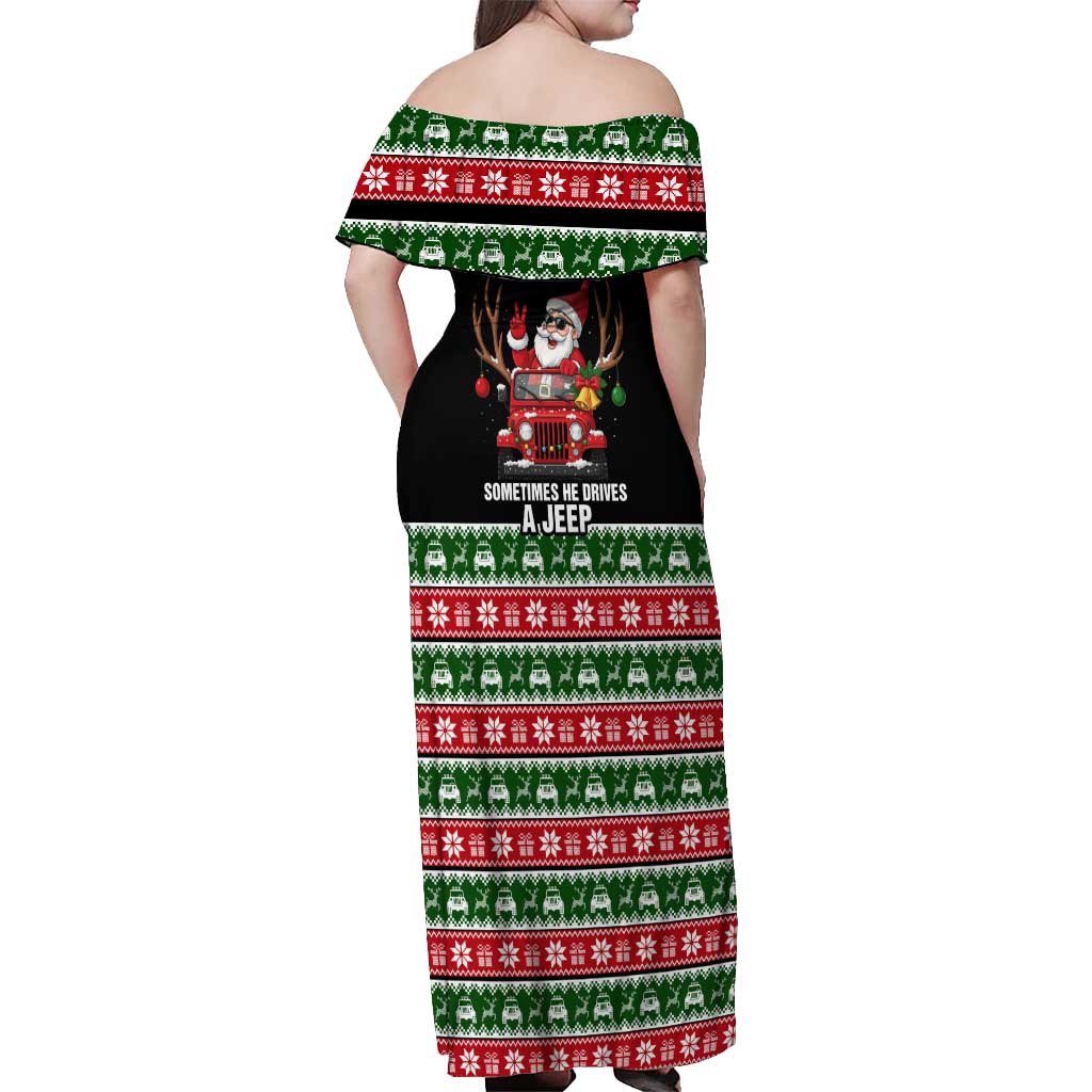 Santa Claus Drive A JEEP Off Shoulder Maxi Dress Funny Xmas Holiday Patterns - Wonder Print Shop