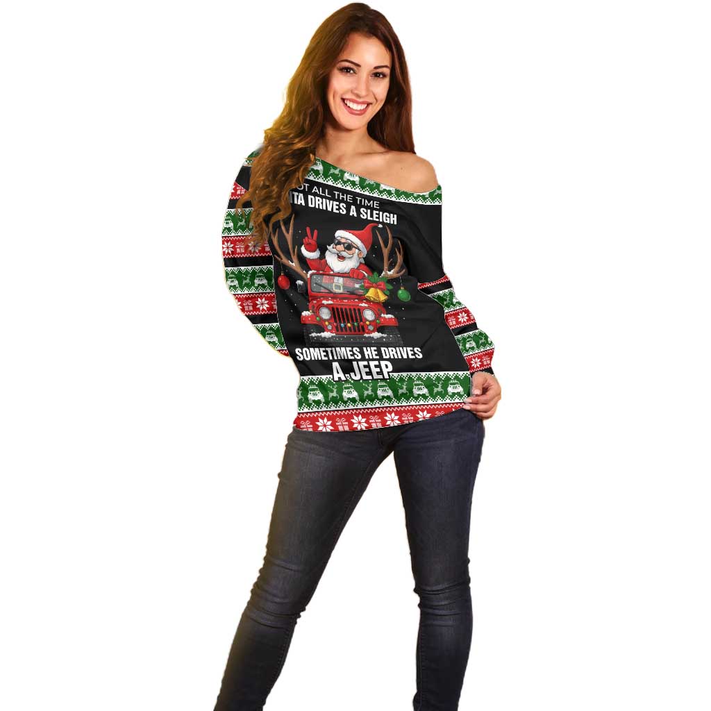 Santa Claus Drive A JEEP Off Shoulder Sweater Funny Xmas Holiday Patterns - Wonder Print Shop