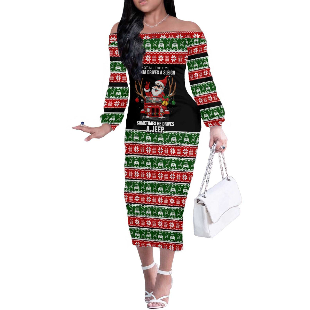 Santa Claus Drive A JEEP Off The Shoulder Long Sleeve Dress Funny Xmas Holiday Patterns - Wonder Print Shop