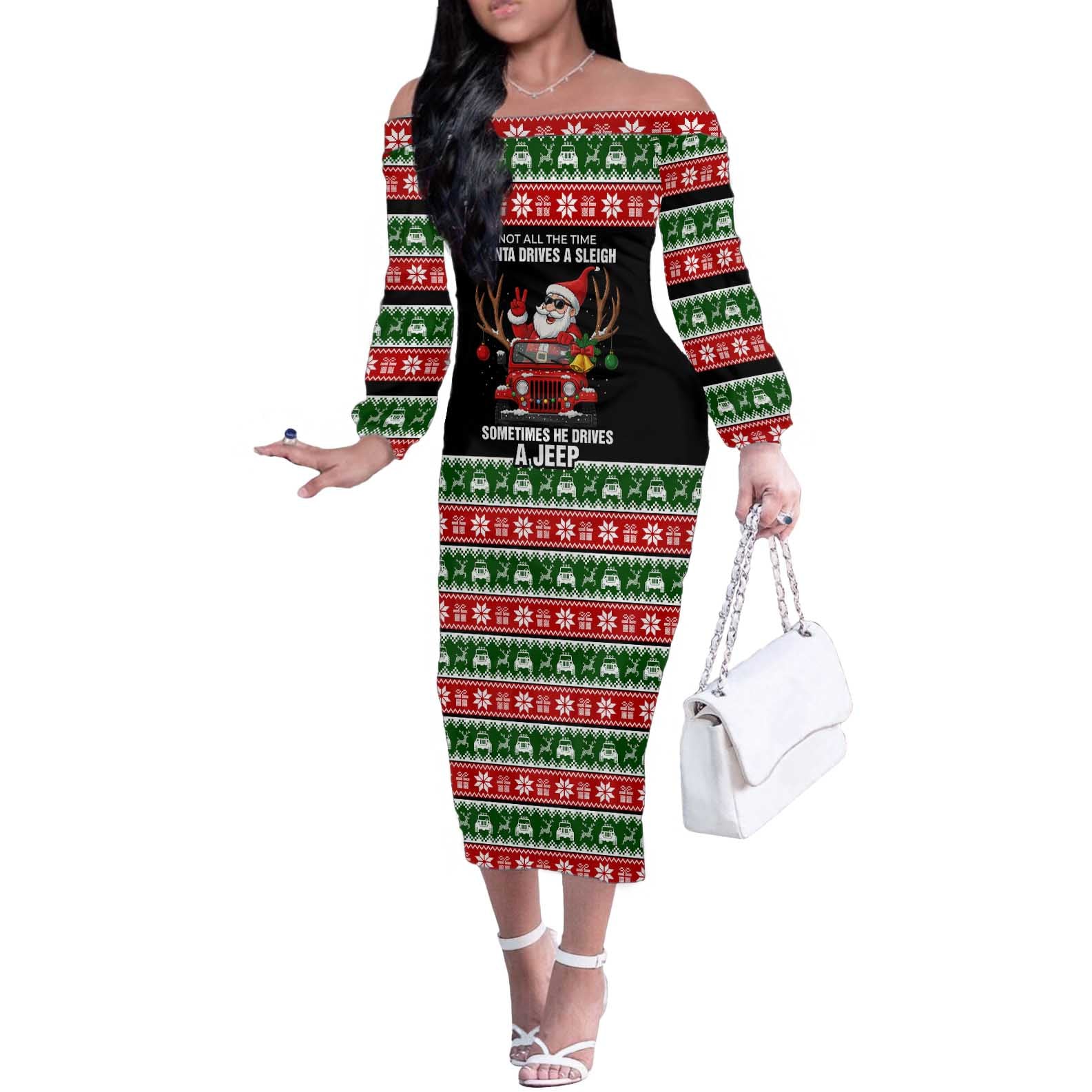 Santa Claus Drive A JEEP Off The Shoulder Long Sleeve Dress Funny Xmas Holiday Patterns - Wonder Print Shop