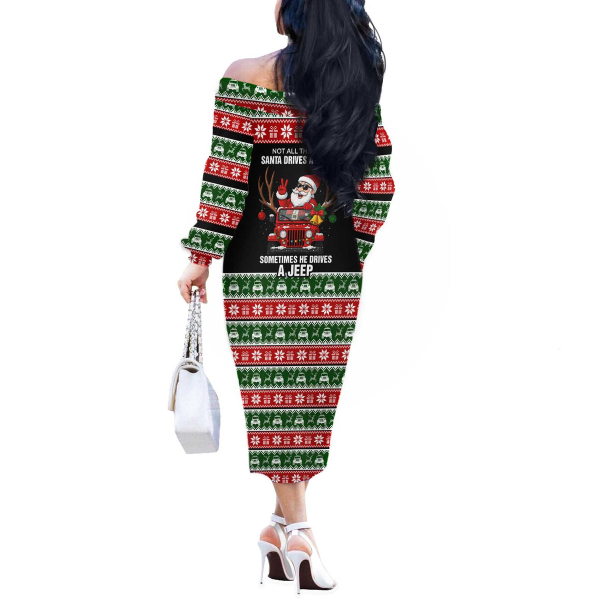 Santa Claus Drive A JEEP Off The Shoulder Long Sleeve Dress Funny Xmas Holiday Patterns - Wonder Print Shop