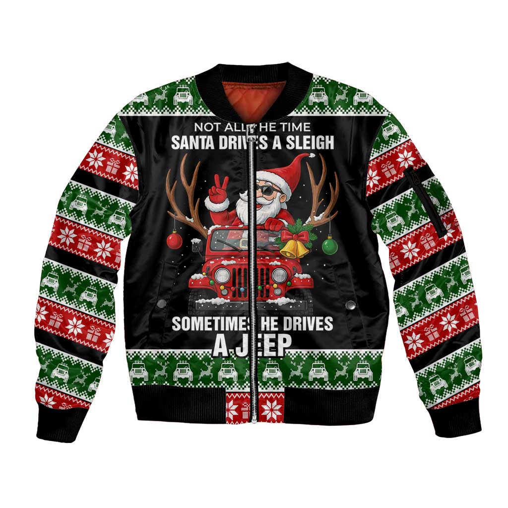Santa Claus Drive A JEEP Sleeve Zip Bomber Jacket Funny Xmas Holiday Patterns - Wonder Print Shop