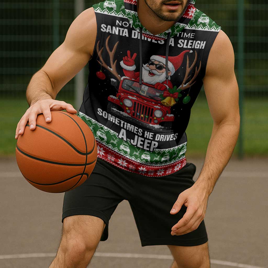 Santa Claus Drive A JEEP Sleeveless Hoodie Funny Xmas Holiday Patterns - Wonder Print Shop