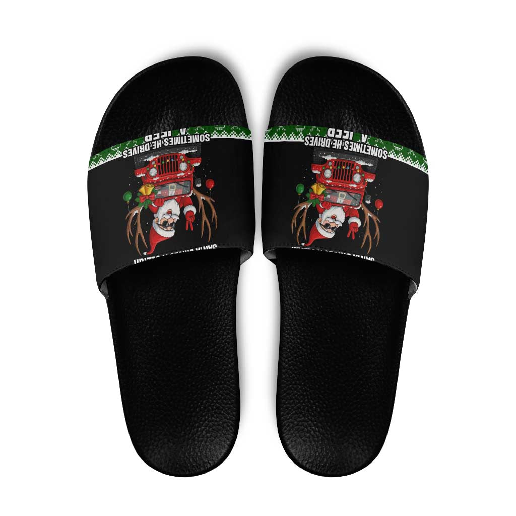 Santa Claus Drive A JEEP Slide Sandals Funny Xmas Holiday Patterns - Wonder Print Shop