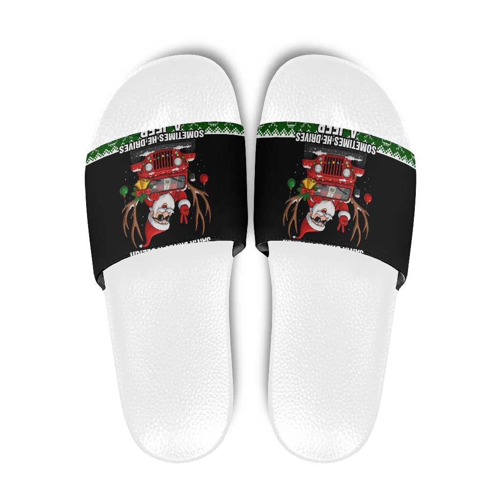 Santa Claus Drive A JEEP Slide Sandals Funny Xmas Holiday Patterns - Wonder Print Shop