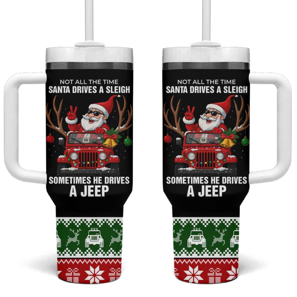 Santa Claus Drive A JEEP Tumbler With Handle Funny Xmas Holiday Patterns - Wonder Print Shop
