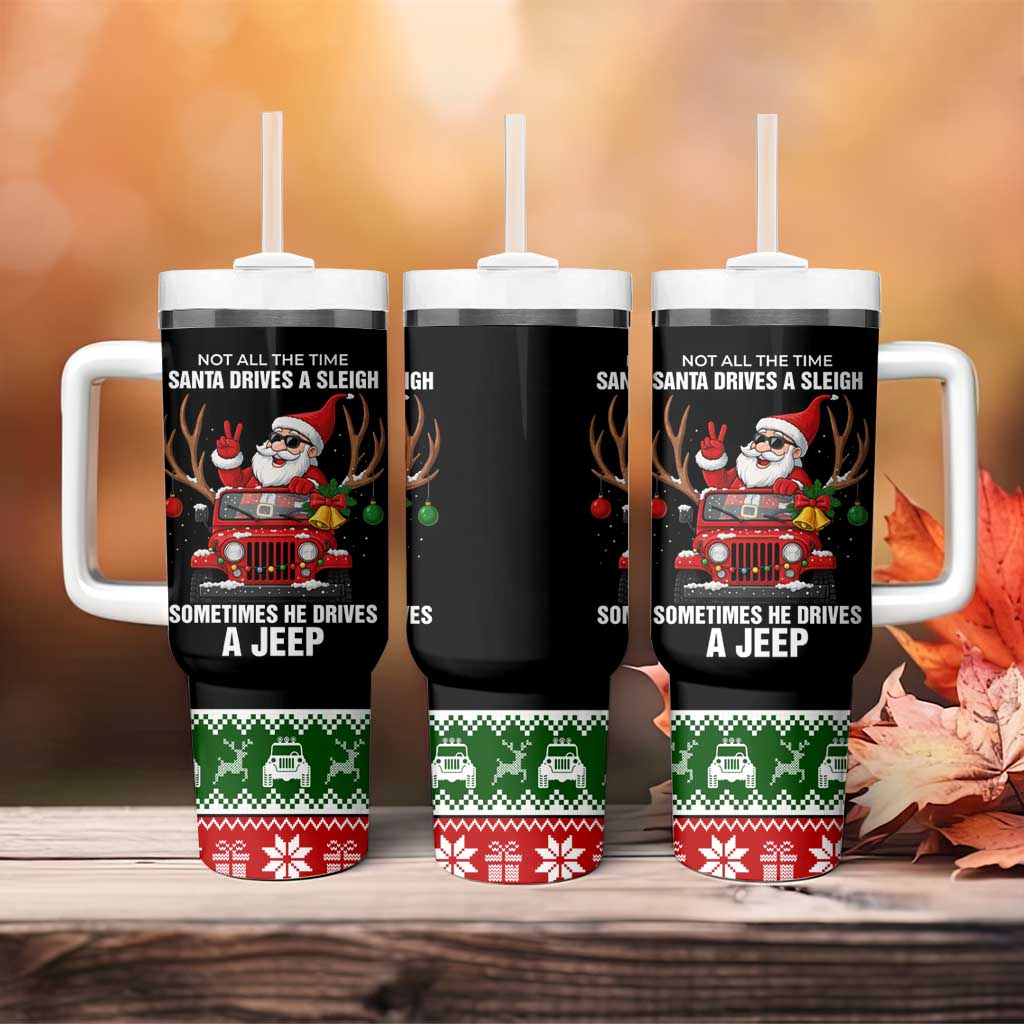 Santa Claus Drive A JEEP Tumbler With Handle Funny Xmas Holiday Patterns - Wonder Print Shop