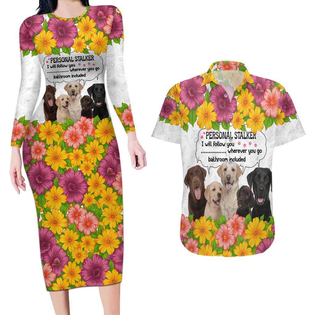 Labrador Retriever Personal Stalker Christmas Couples Matching Long Sleeve Bodycon Dress and Hawaiian Shirt Funny Xmas Holiday Patterns - Wonder Print Shop