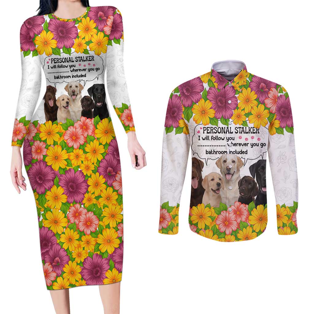 Labrador Retriever Personal Stalker Christmas Couples Matching Long Sleeve Bodycon Dress and Long Sleeve Button Shirt Funny Xmas Holiday Patterns - Wonder Print Shop