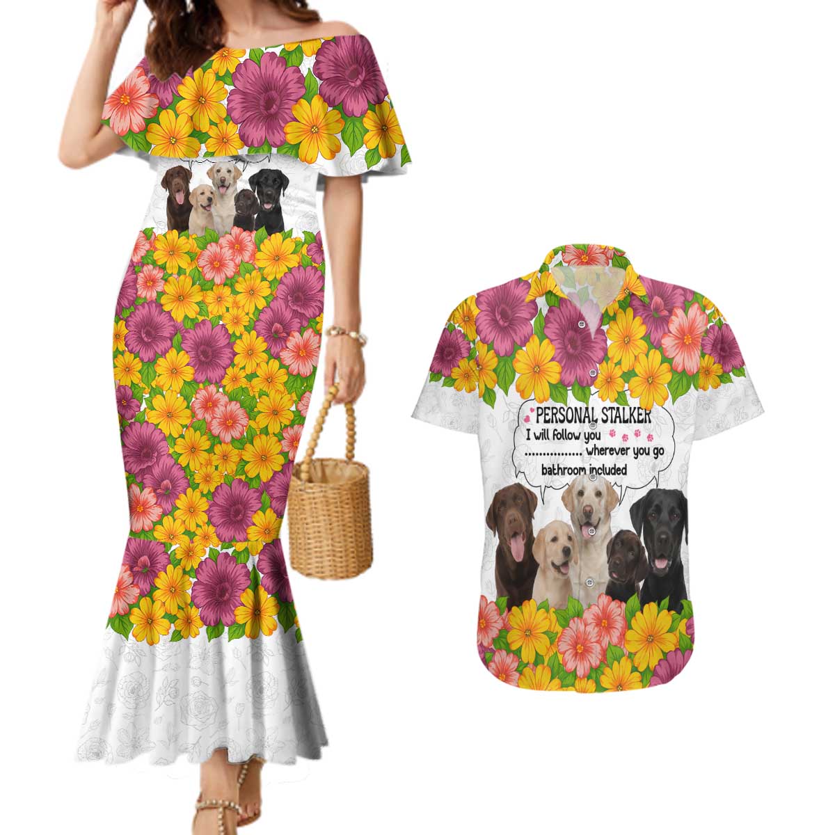 Labrador Retriever Personal Stalker Christmas Couples Matching Mermaid Dress and Hawaiian Shirt Funny Xmas Holiday Patterns - Wonder Print Shop