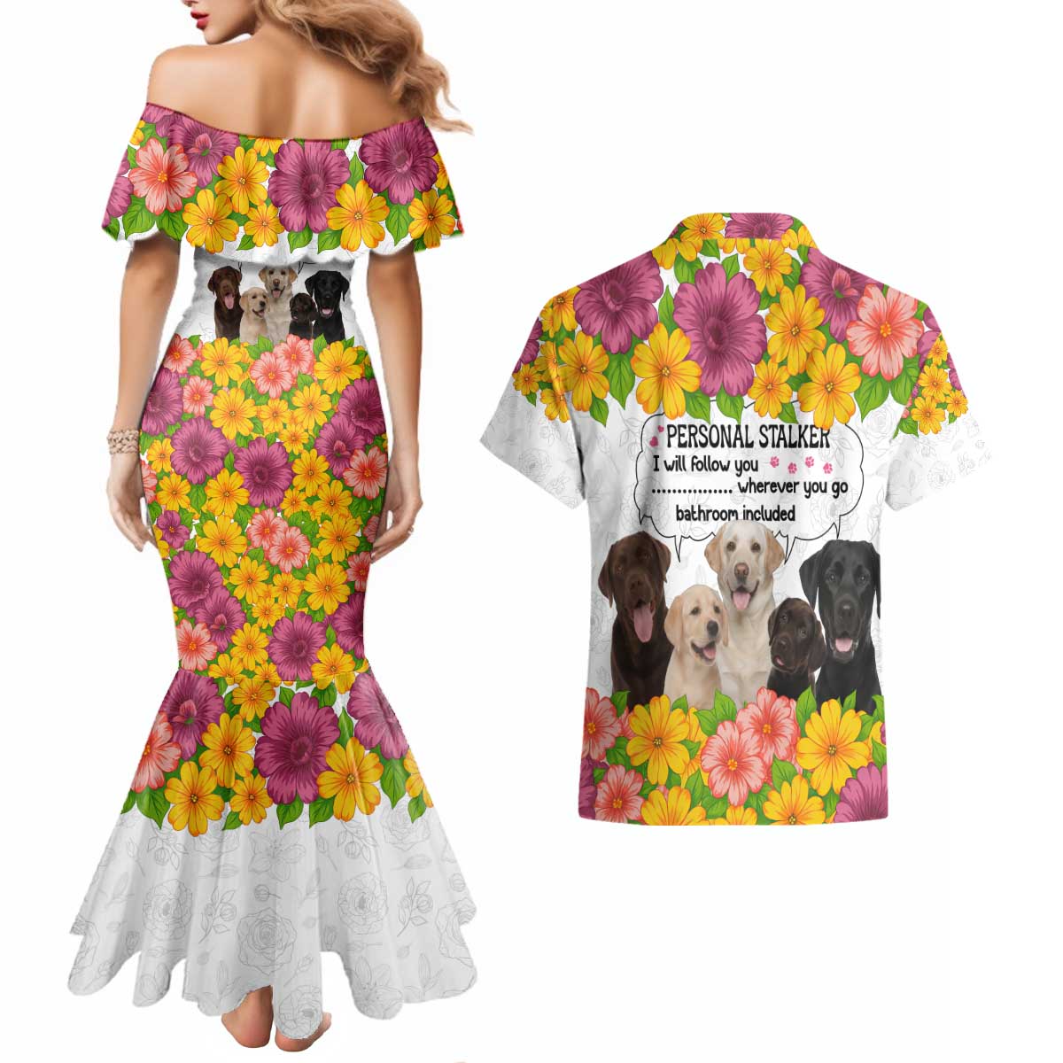 Labrador Retriever Personal Stalker Christmas Couples Matching Mermaid Dress and Hawaiian Shirt Funny Xmas Holiday Patterns - Wonder Print Shop