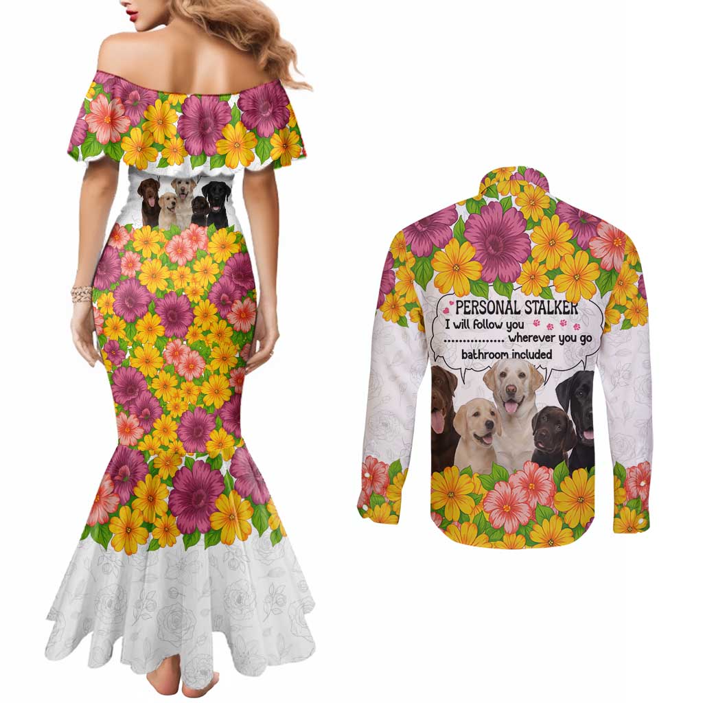 Labrador Retriever Personal Stalker Christmas Couples Matching Mermaid Dress and Long Sleeve Button Shirt Funny Xmas Holiday Patterns - Wonder Print Shop