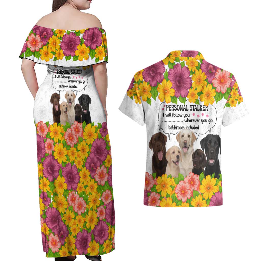 Labrador Retriever Personal Stalker Christmas Couples Matching Off Shoulder Maxi Dress and Hawaiian Shirt Funny Xmas Holiday Patterns - Wonder Print Shop