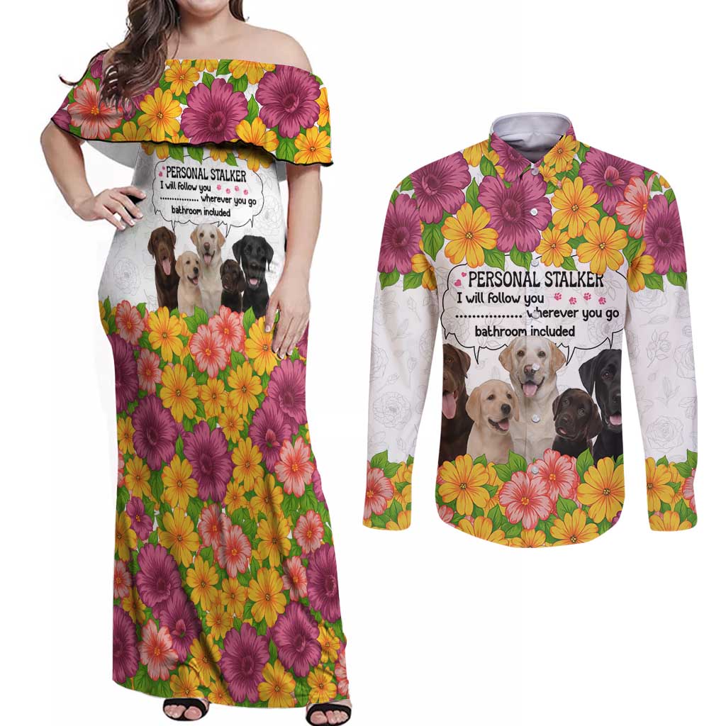 Labrador Retriever Personal Stalker Christmas Couples Matching Off Shoulder Maxi Dress and Long Sleeve Button Shirt Funny Xmas Holiday Patterns - Wonder Print Shop