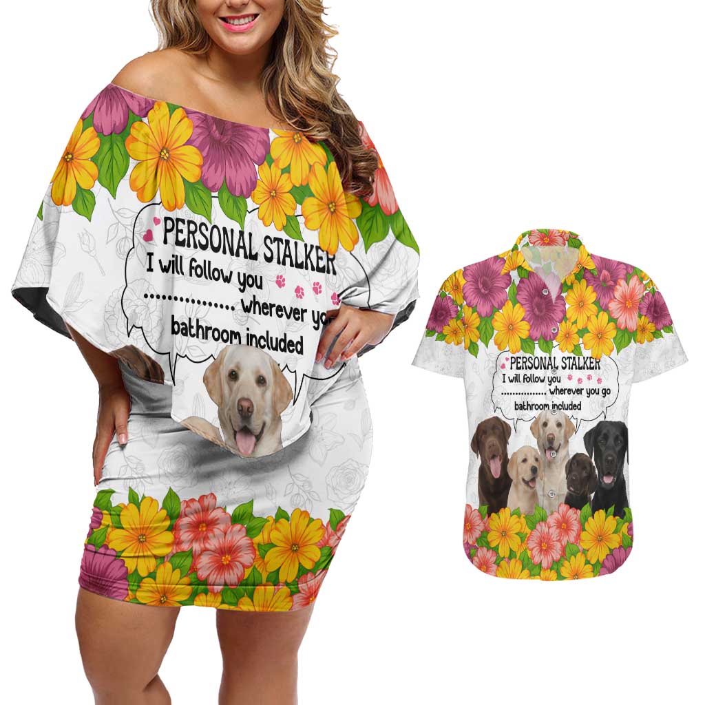 Labrador Retriever Personal Stalker Christmas Couples Matching Off Shoulder Short Dress and Hawaiian Shirt Funny Xmas Holiday Patterns - Wonder Print Shop