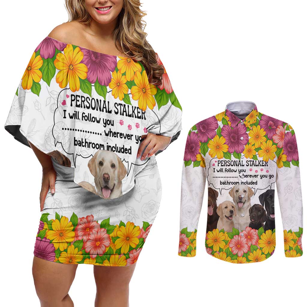 Labrador Retriever Personal Stalker Christmas Couples Matching Off Shoulder Short Dress and Long Sleeve Button Shirt Funny Xmas Holiday Patterns - Wonder Print Shop