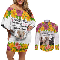 Labrador Retriever Personal Stalker Christmas Couples Matching Off Shoulder Short Dress and Long Sleeve Button Shirt Funny Xmas Holiday Patterns - Wonder Print Shop