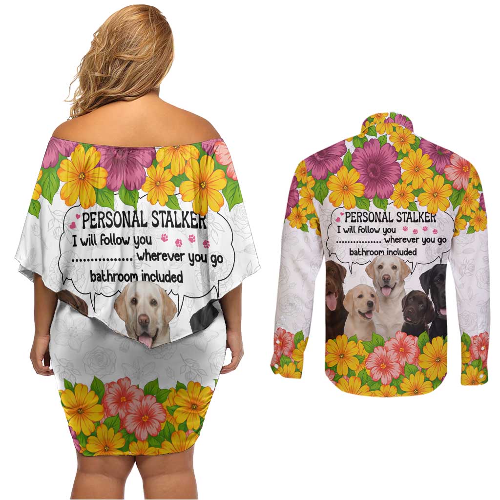 Labrador Retriever Personal Stalker Christmas Couples Matching Off Shoulder Short Dress and Long Sleeve Button Shirt Funny Xmas Holiday Patterns - Wonder Print Shop