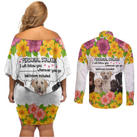Labrador Retriever Personal Stalker Christmas Couples Matching Off Shoulder Short Dress and Long Sleeve Button Shirt Funny Xmas Holiday Patterns - Wonder Print Shop