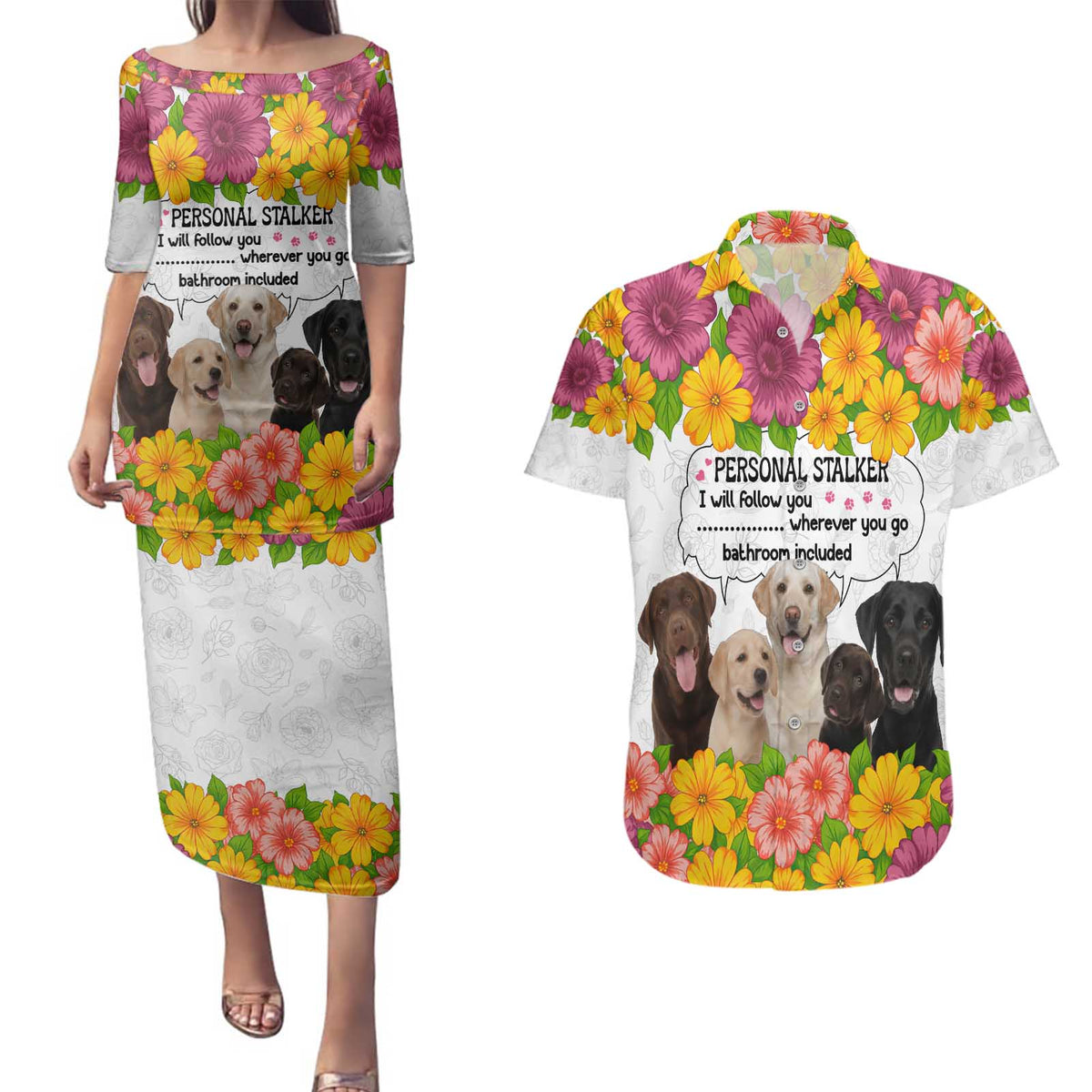 Labrador Retriever Personal Stalker Christmas Couples Matching Puletasi and Hawaiian Shirt Funny Xmas Holiday Patterns - Wonder Print Shop