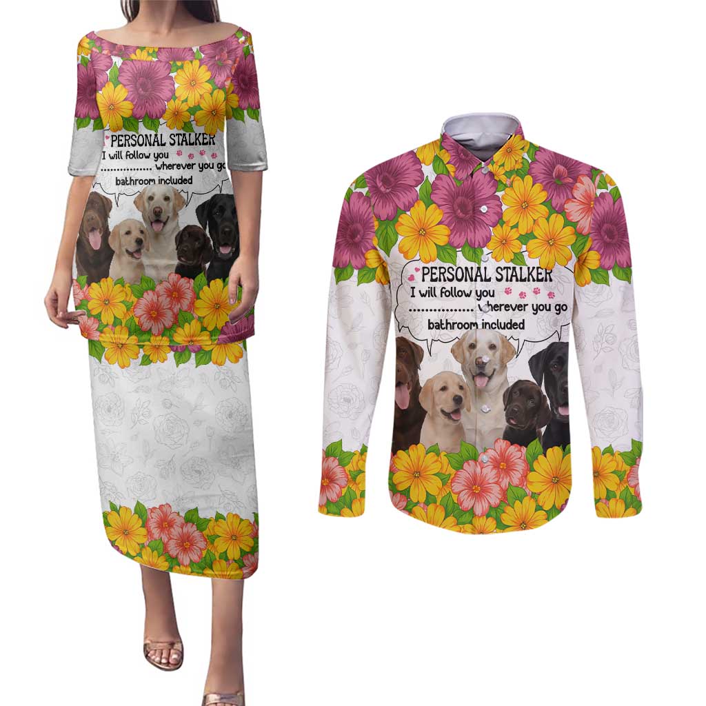 Labrador Retriever Personal Stalker Christmas Couples Matching Puletasi and Long Sleeve Button Shirt Funny Xmas Holiday Patterns - Wonder Print Shop