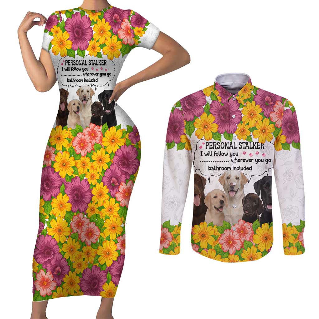 Labrador Retriever Personal Stalker Christmas Couples Matching Short Sleeve Bodycon Dress and Long Sleeve Button Shirt Funny Xmas Holiday Patterns - Wonder Print Shop