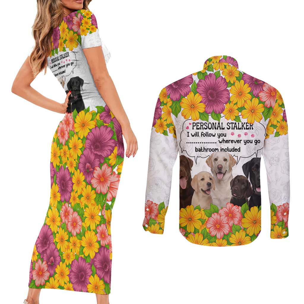 Labrador Retriever Personal Stalker Christmas Couples Matching Short Sleeve Bodycon Dress and Long Sleeve Button Shirt Funny Xmas Holiday Patterns - Wonder Print Shop