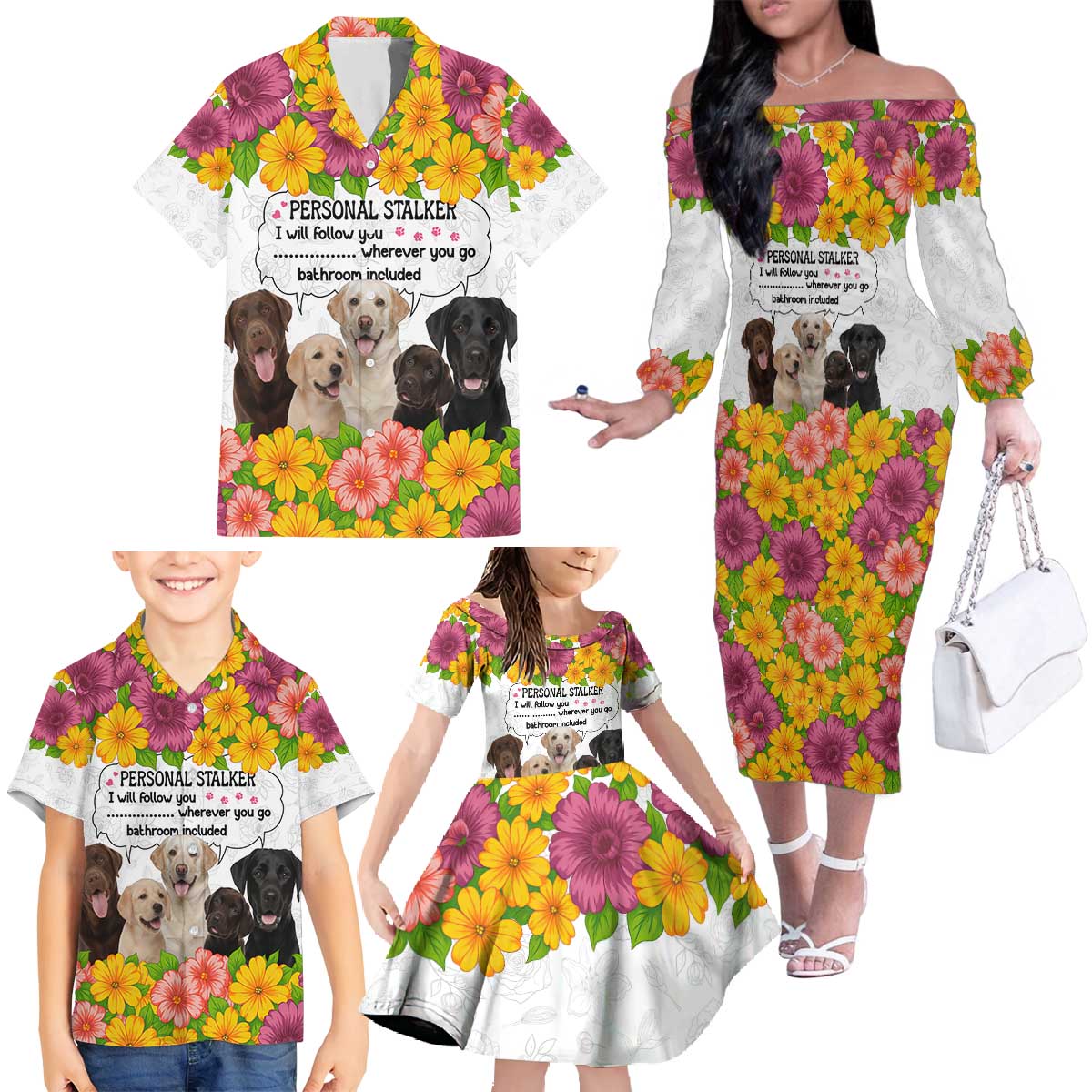 Labrador Retriever Personal Stalker Christmas Family Matching Off The Shoulder Long Sleeve Dress and Hawaiian Shirt Funny Xmas Holiday Patterns - Wonder Print Shop