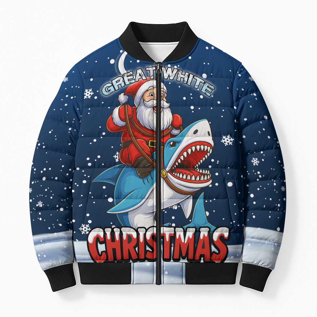Great White Christmas Shark Christmas Bomber Puffer Jacket Funny Xmas Holiday Patterns - Wonder Print Shop