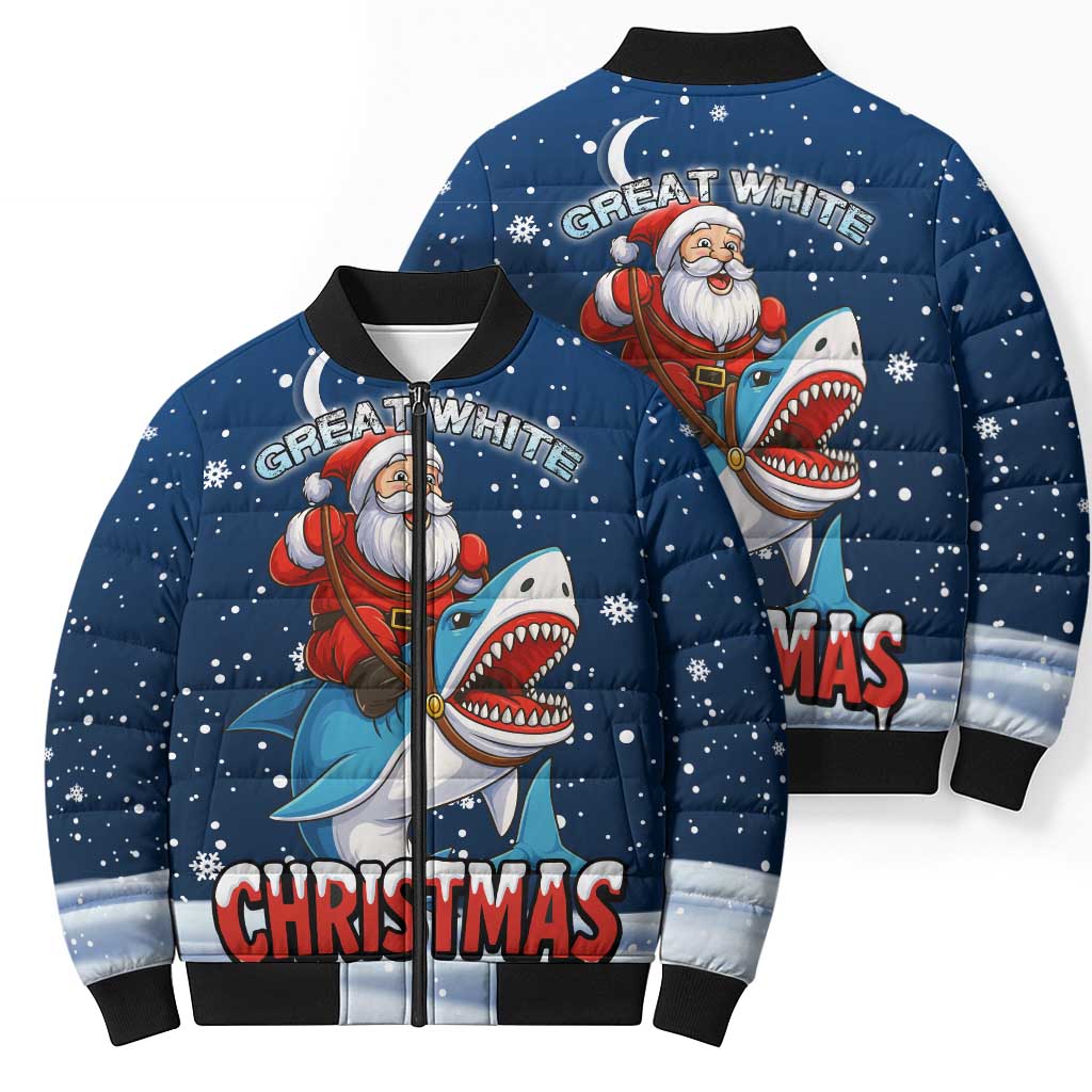 Great White Christmas Shark Christmas Bomber Puffer Jacket Funny Xmas Holiday Patterns - Wonder Print Shop