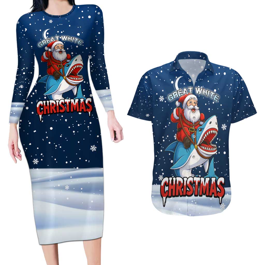 Great White Christmas Shark Christmas Couples Matching Long Sleeve Bodycon Dress and Hawaiian Shirt Funny Xmas Holiday Patterns - Wonder Print Shop
