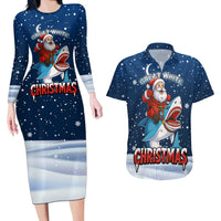Great White Christmas Shark Christmas Couples Matching Long Sleeve Bodycon Dress and Hawaiian Shirt Funny Xmas Holiday Patterns - Wonder Print Shop