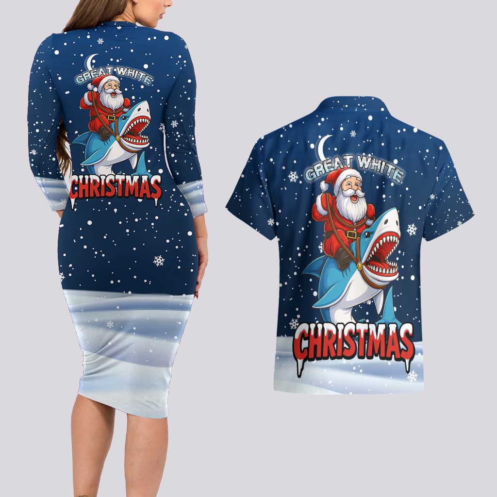 Great White Christmas Shark Christmas Couples Matching Long Sleeve Bodycon Dress and Hawaiian Shirt Funny Xmas Holiday Patterns - Wonder Print Shop